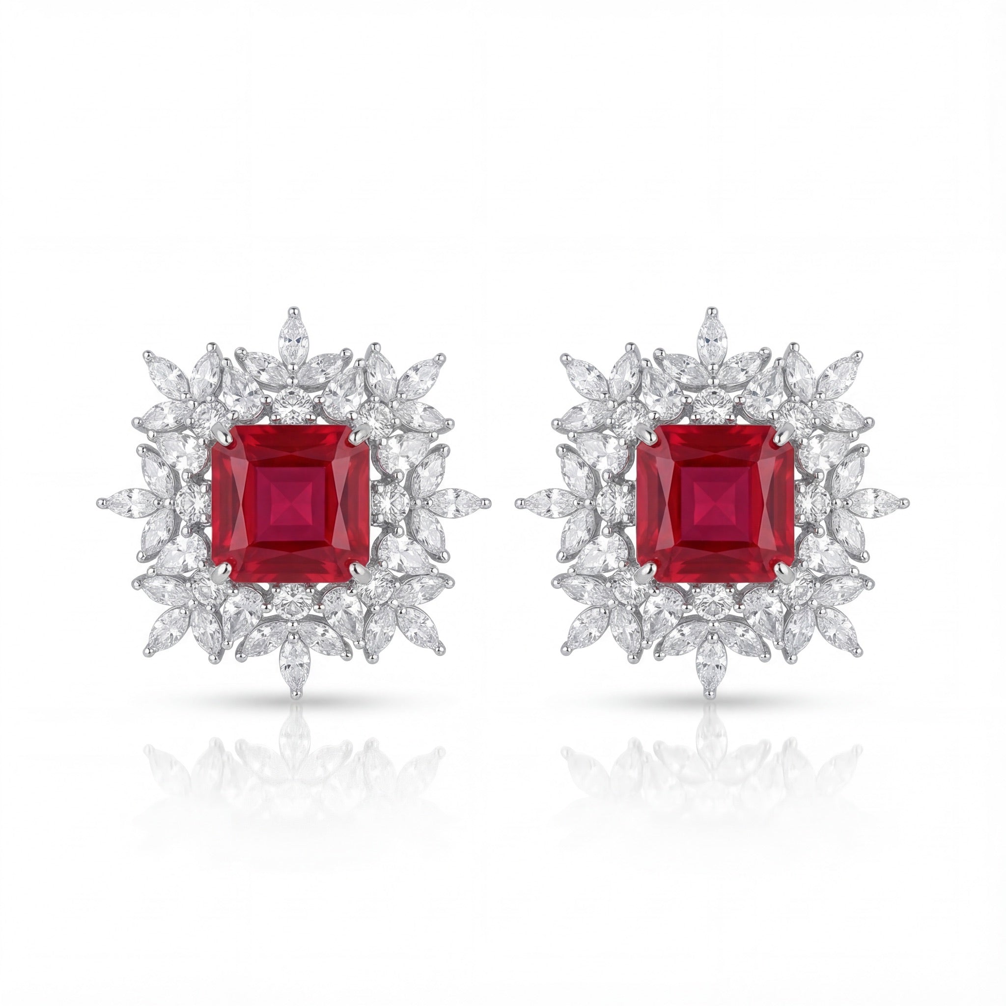Crimson Blossom Diamond Stud Earrings