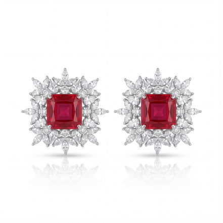 Crimson Blossom Diamond Stud Earrings