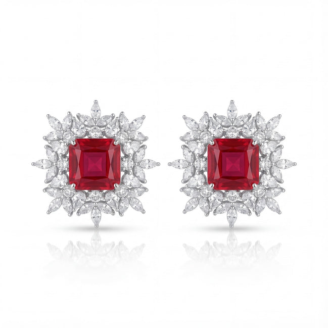 Crimson Blossom Diamond Stud Earrings