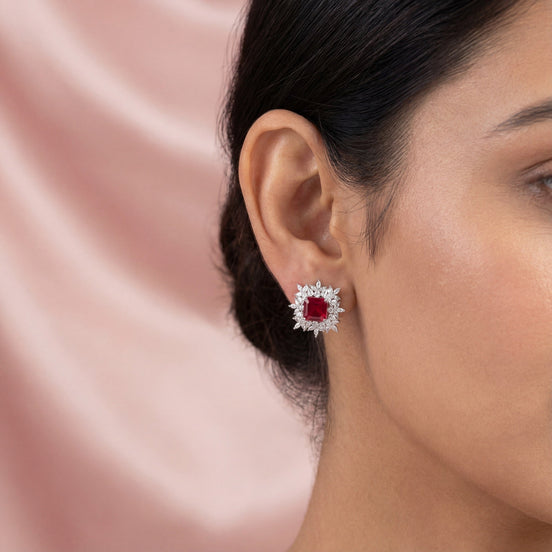 Crimson Blossom Diamond Stud Earrings