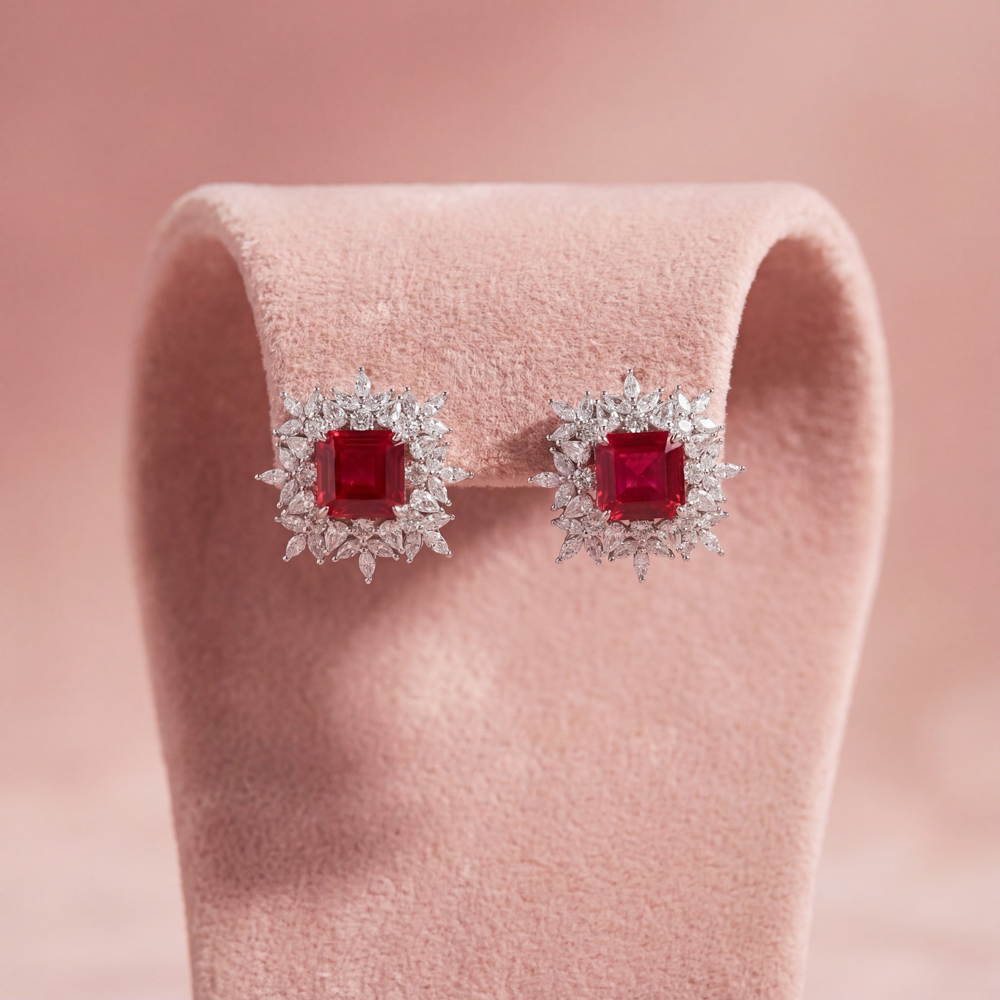 Crimson Blossom Diamond Stud Earrings