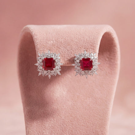 Crimson Blossom Diamond Stud Earrings