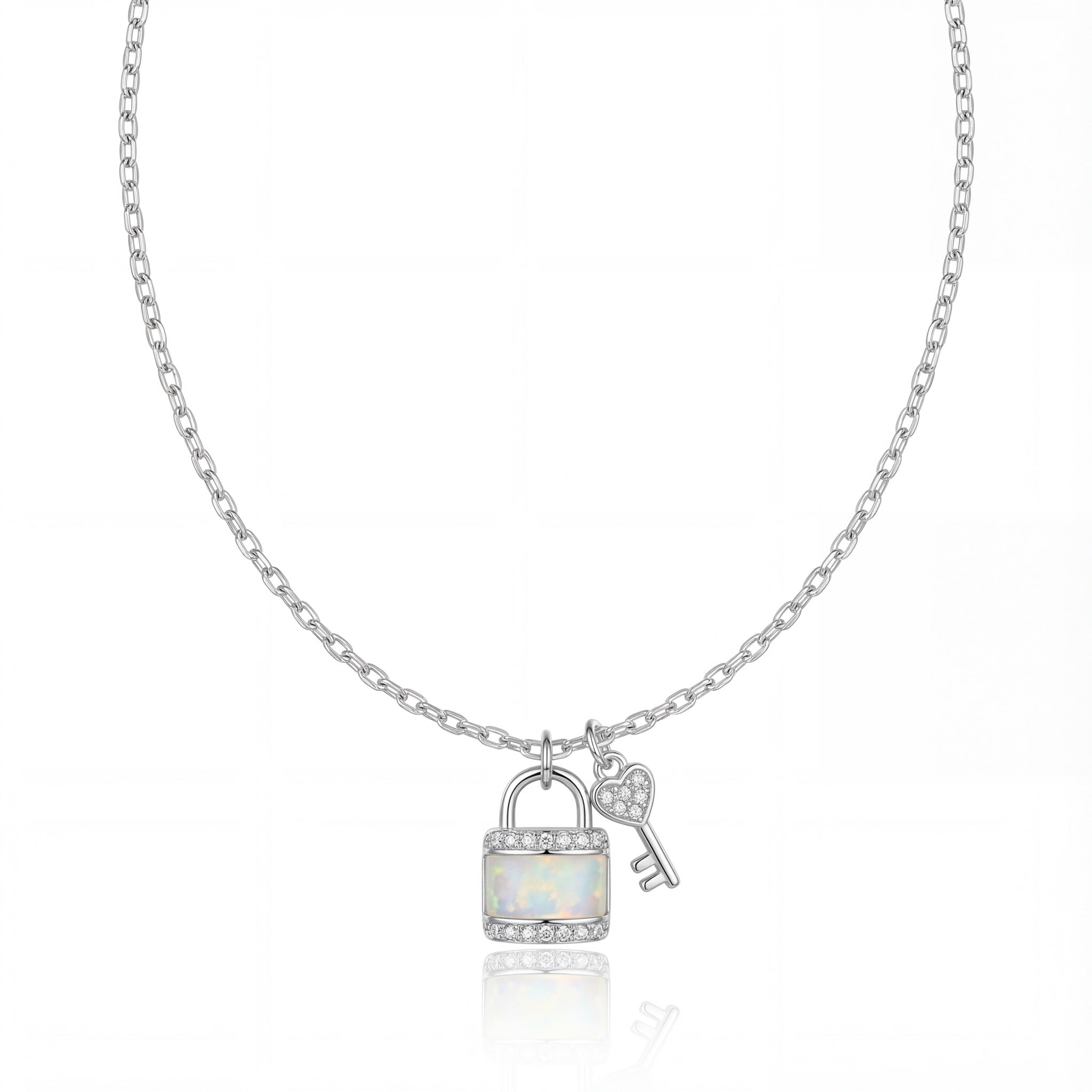 Opal Lock & Key Diamond Pendant Necklace