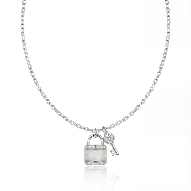 Opal Lock & Key Diamond Pendant Necklace