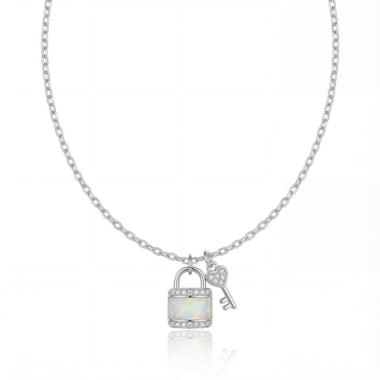 Opal Lock & Key Diamond Pendant Necklace