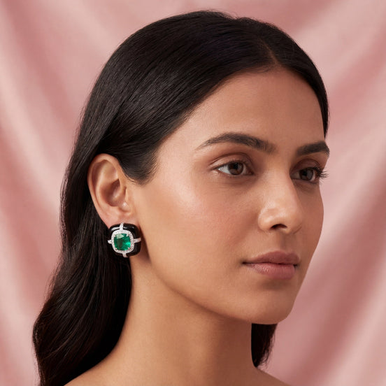 Noir Emerald Halo Stud Earrings