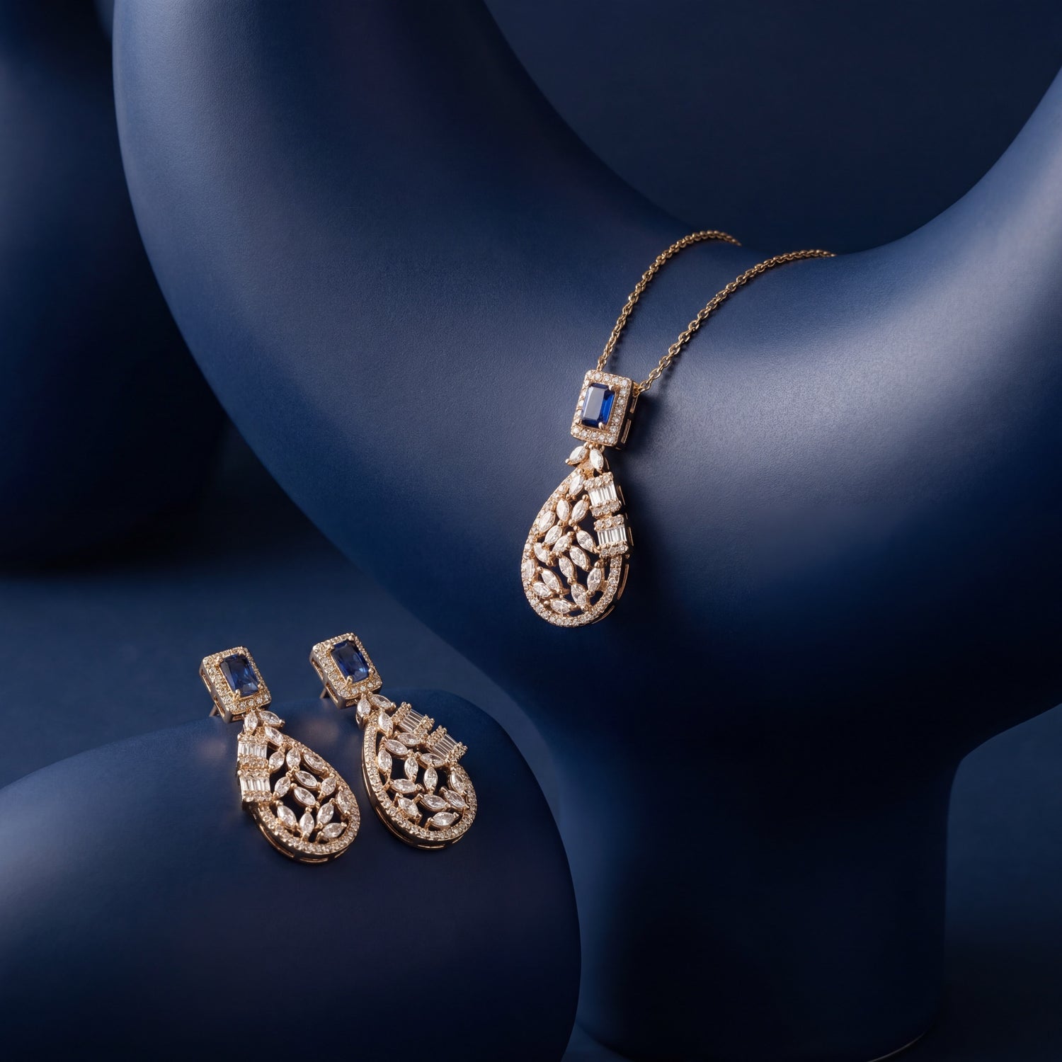 Sapphire Teardrop Filigree Pendant Set