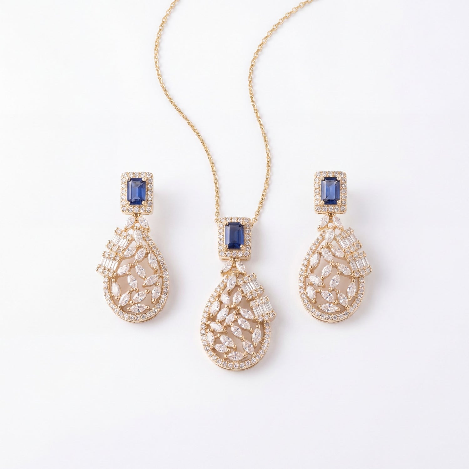 Sapphire Teardrop Filigree Pendant Set