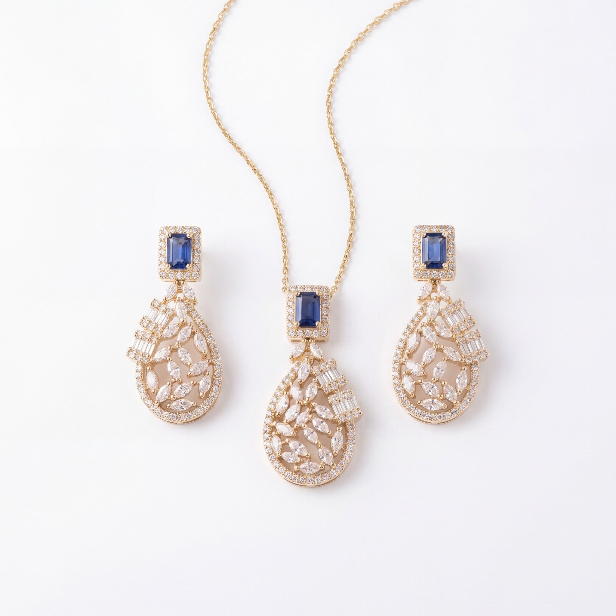 Sapphire Teardrop Filigree Pendant Set