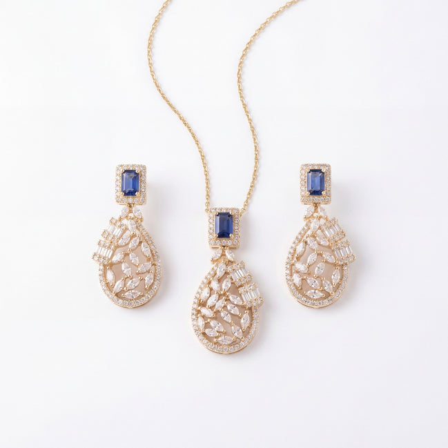 Sapphire Teardrop Filigree Pendant Set