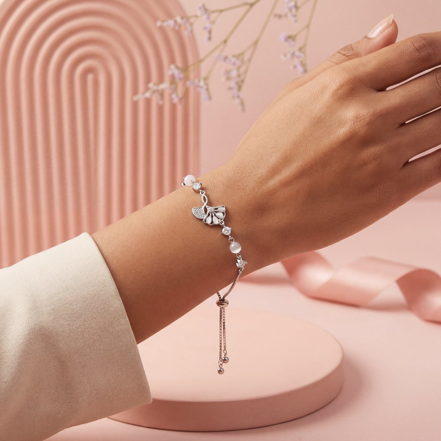 Butterfly Pearl Charm Slider Bracelet