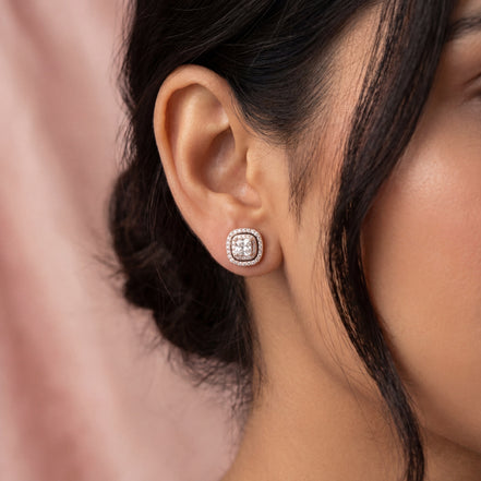 Royal Cushion Halo Rose Studs