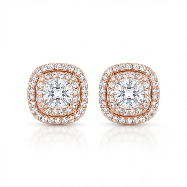 Royal Cushion Halo Rose Studs