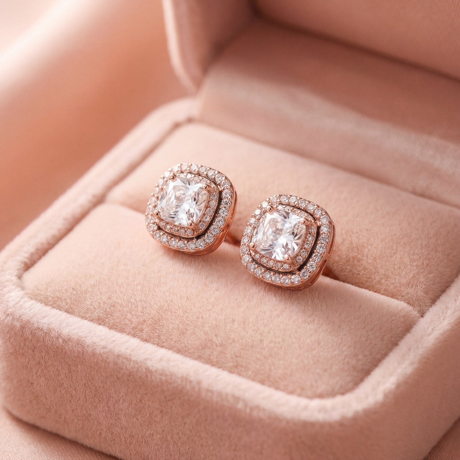 Royal Cushion Halo Rose Studs