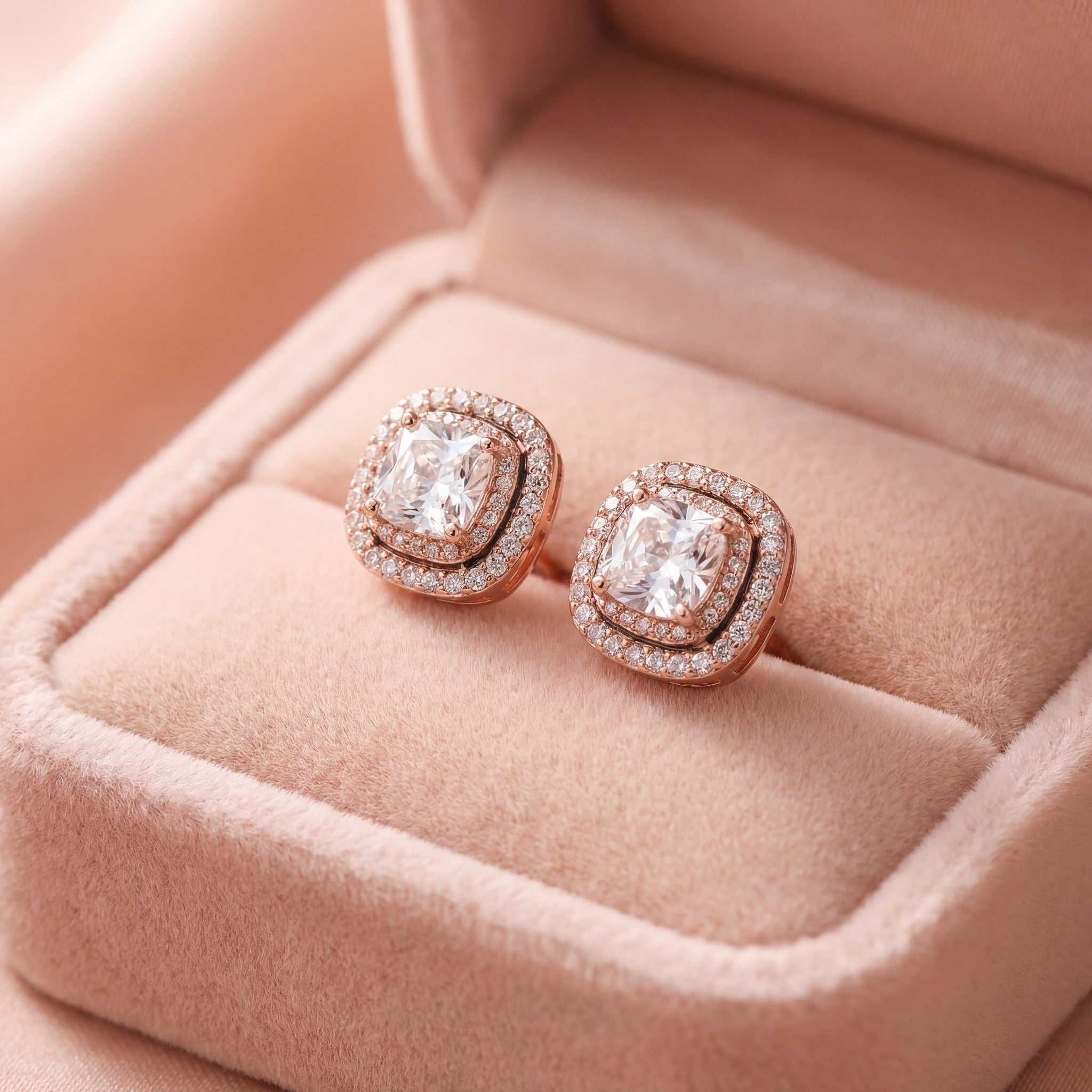 Royal Cushion Halo Rose Studs