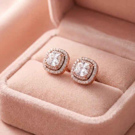 Royal Cushion Halo Rose Studs