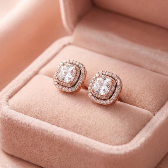 Royal Cushion Halo Rose Studs