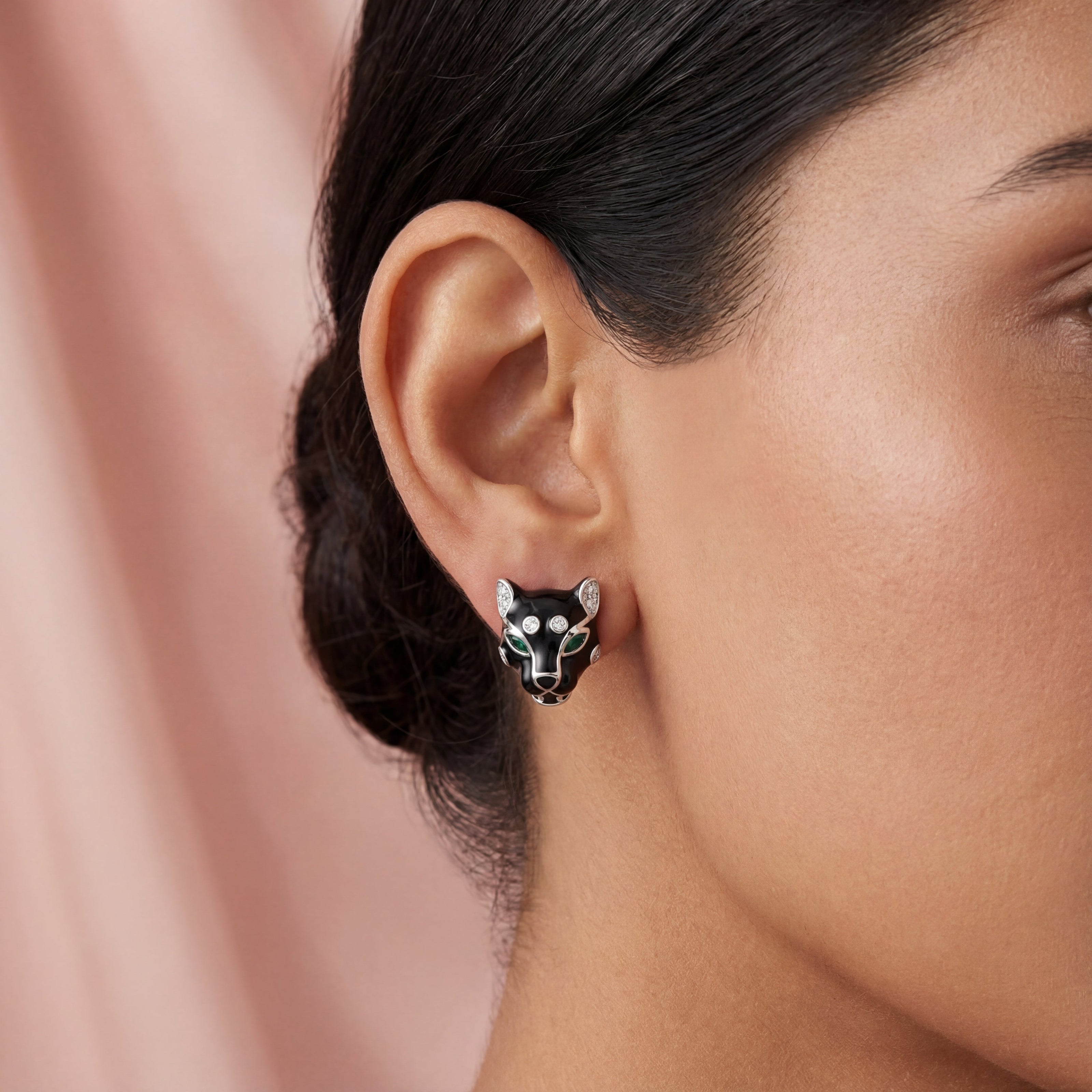 Noir Panther Enamel Diamond Earrings